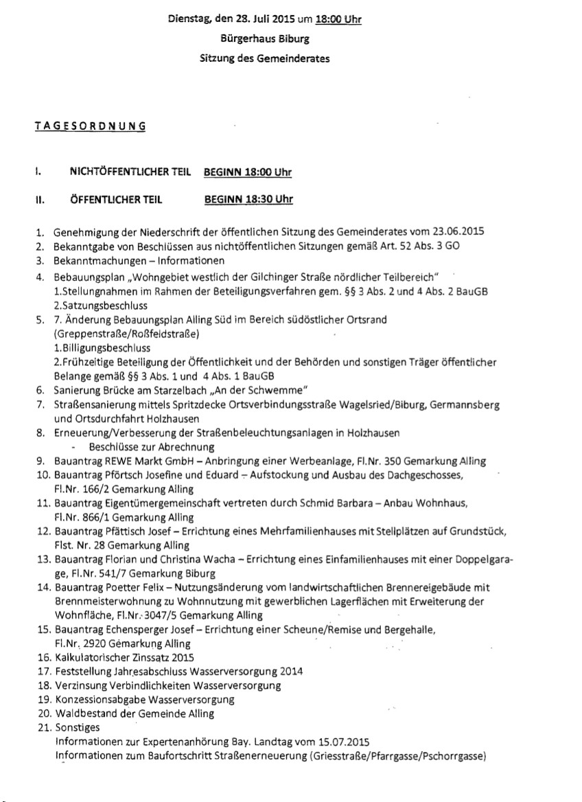 Tagesordnung zur Sitzung des Gemeinderates Alling am 27.07.2015