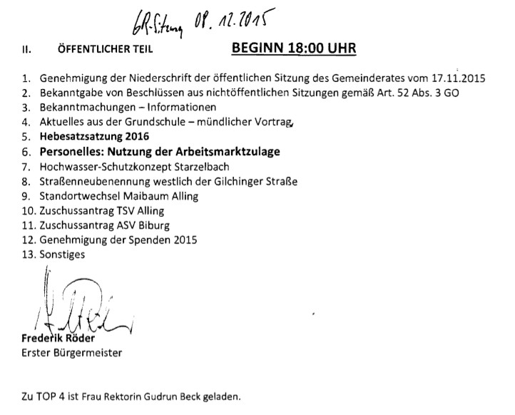 Gemeinderatsitzung Alling 08.12.2015